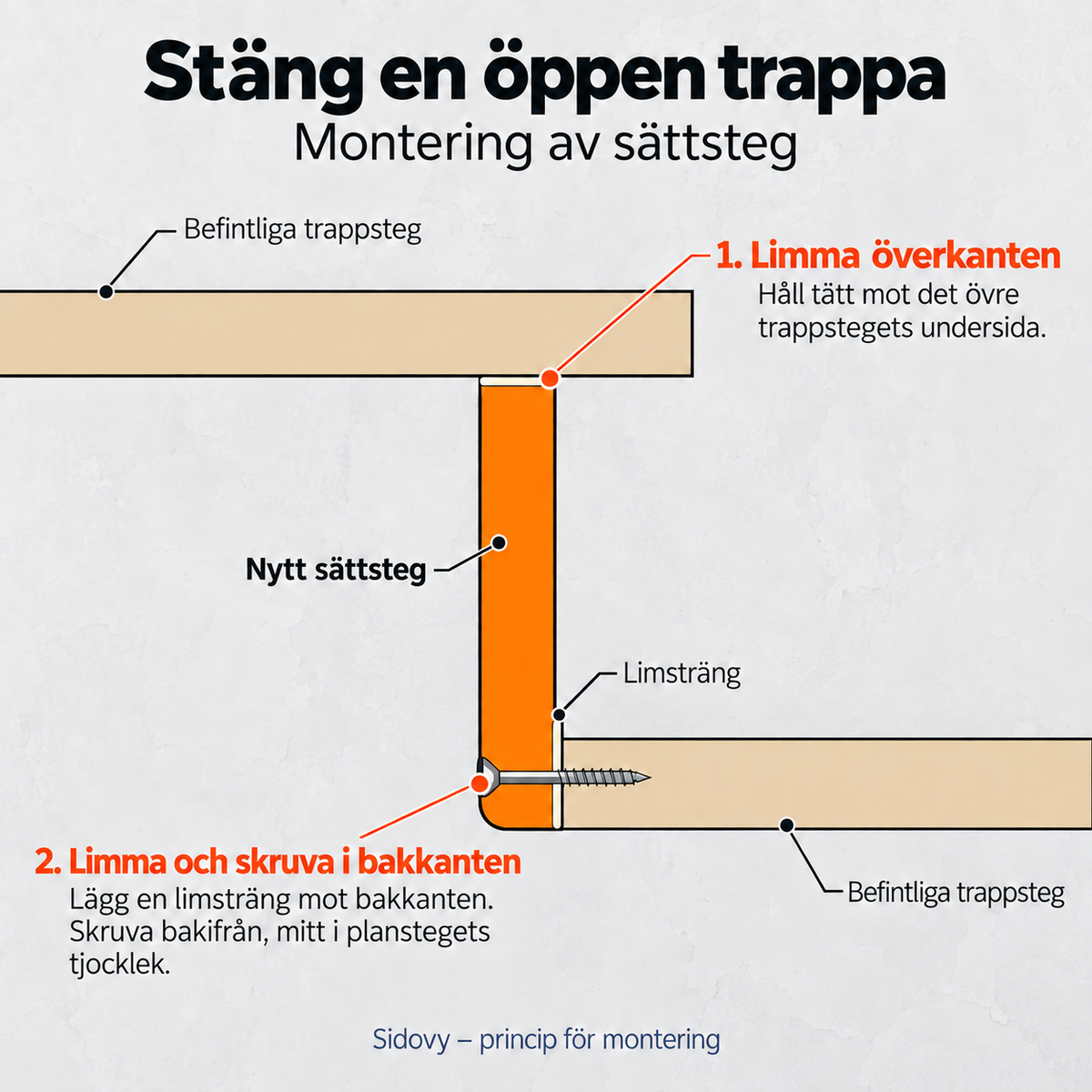 Sidovy som visar hur ett sättsteg stänger en öppen trappa med lim upptill och skruv i det nedre trappstegets bakkant.